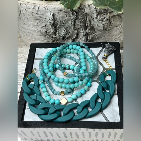 Western Chic Turquoise Stacked Bracelet Set- Stylish Bohemian Layered Bracelets - Picture 5 of 9